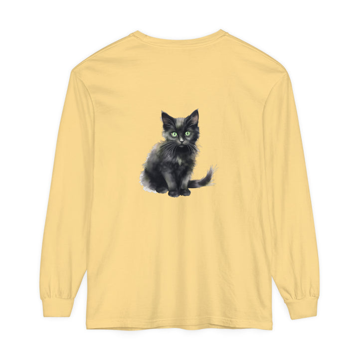 Black Cat Watercolor T-Shirt featuring a beautiful black cat with striking green eyes, perfect for cat lovers and animal enthusiasts