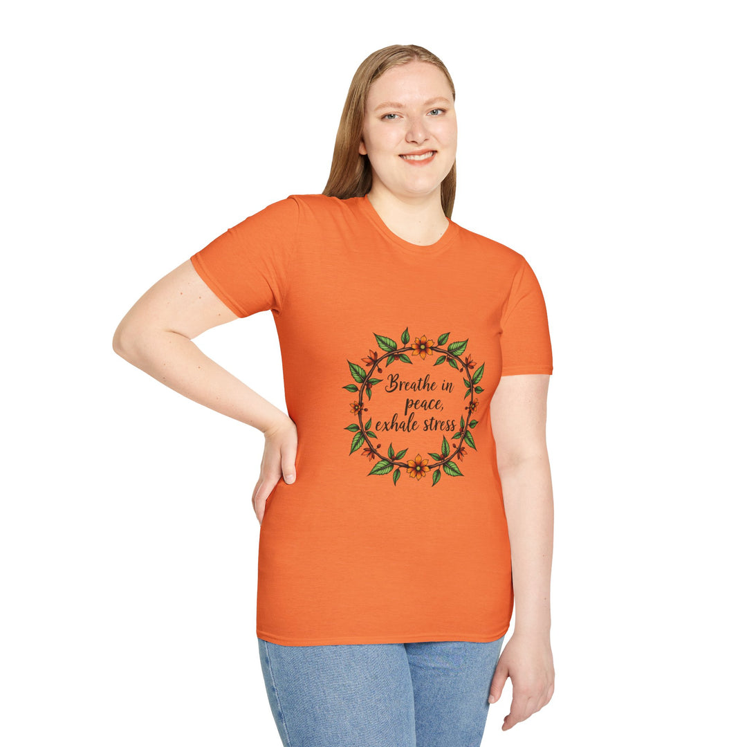 Floral Garland T-Shirt featuring the quote 'Breathe in Peace Exhale Stress' for a calming and stylish look