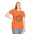 Floral Garland T-Shirt featuring the quote 'Breathe in Peace Exhale Stress' for a calming and stylish look