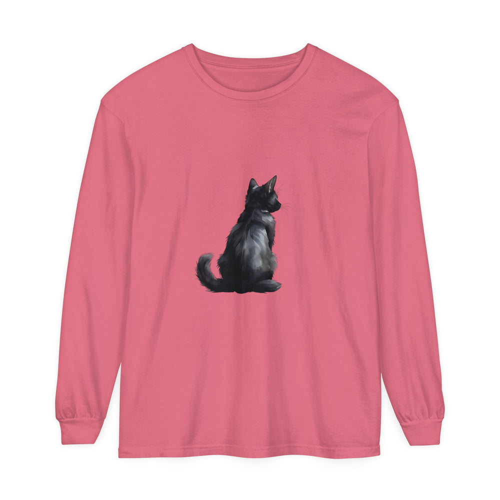 Black Cat Mystery unisex long sleeve tee in black with graphic design