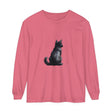 Black Cat Mystery unisex long sleeve tee in black with graphic design