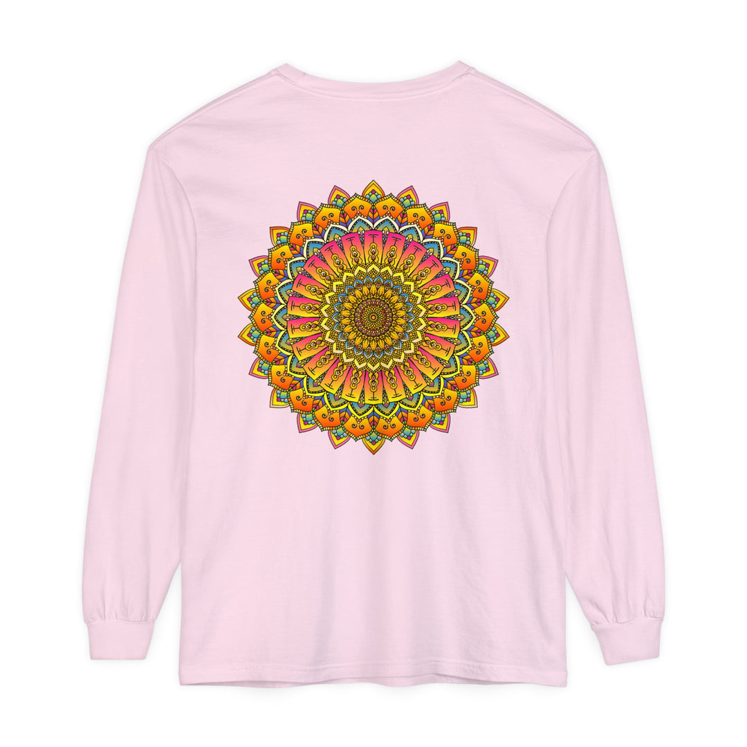 Colorful and intricate mandala design on a long sleeve unisex t-shirt