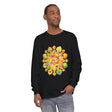 Colorful and intricate psychedelic mandala design on a long sleeve t-shirt