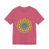 A close-up of a vibrant mandala tee featuring a colorful geometric design with intricate patterns and bold, eye-catching hues