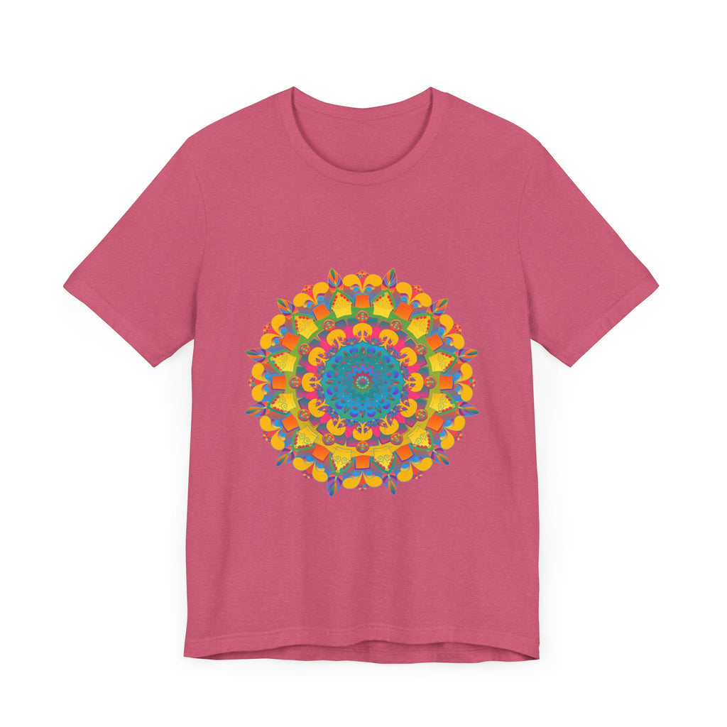 A close-up of a vibrant mandala tee featuring a colorful geometric design with intricate patterns and bold, eye-catching hues