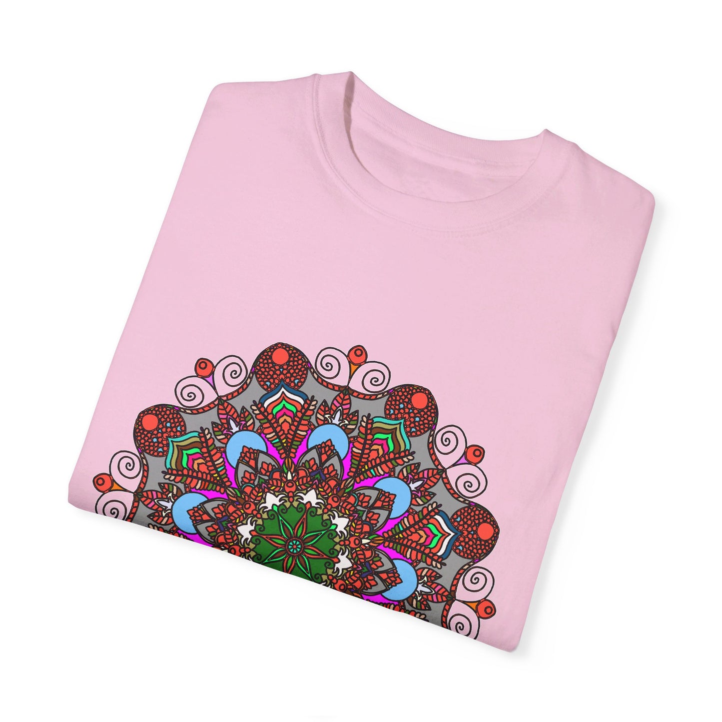 A unisex mandala t-shirt made with 100% ring-spun cotton and hand-drawn mandala art, garment-dyed for extra comfort