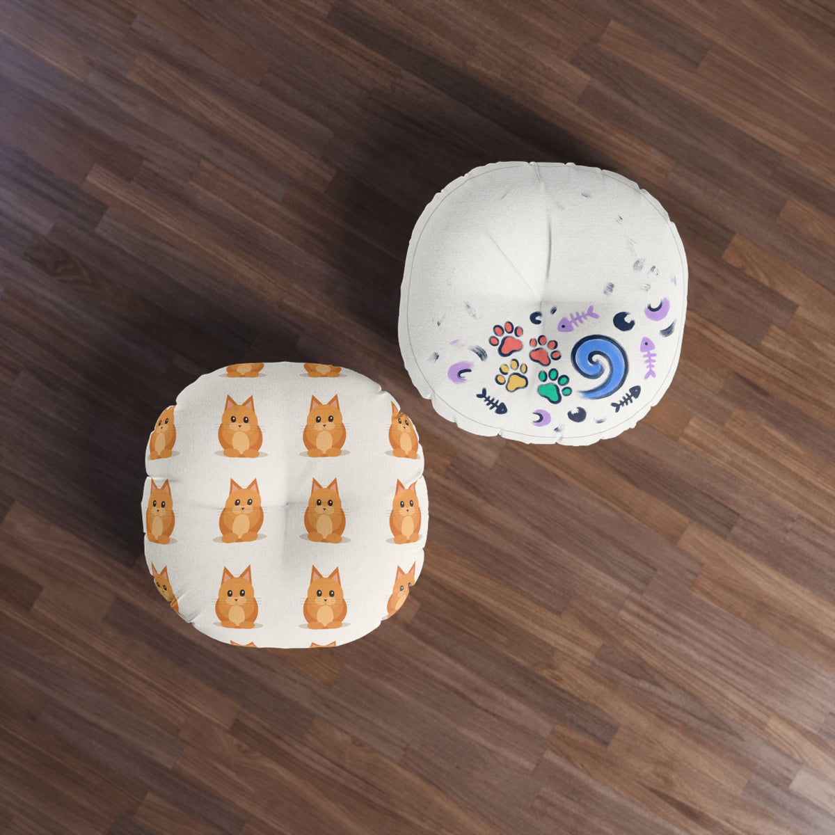 Round Tufted Floor Pillow — Cute Orange Cat Pattern, Paw & Swirl Accent