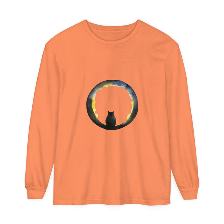 A spooky black cat sitting on a crescent moon with bats Halloween themed t-shirt