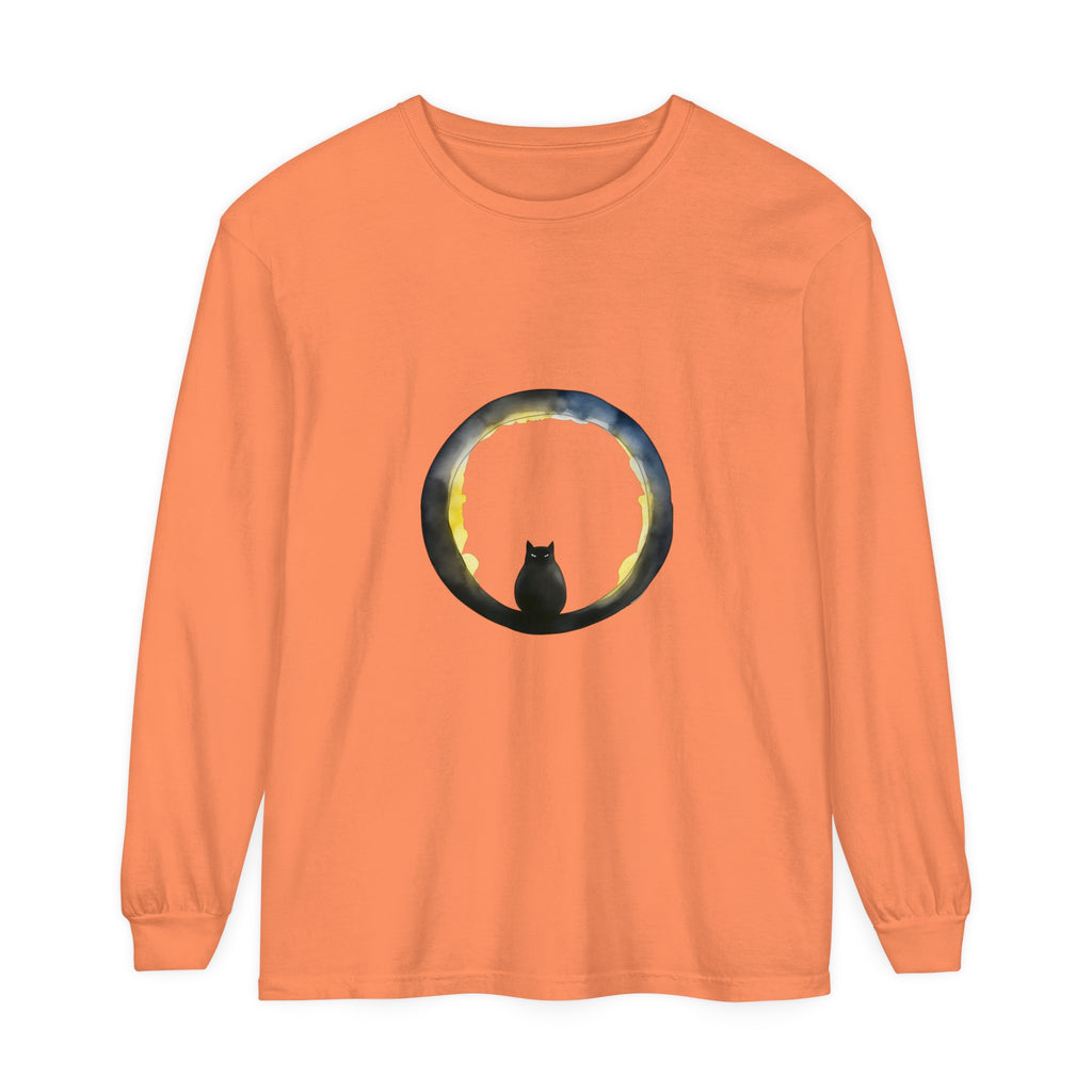 A spooky black cat sitting on a crescent moon with bats Halloween themed t-shirt