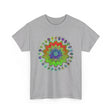 A vibrant and intricate mandala design on a T-shirt promoting mindfulness and yoga, made with heavy cotton for both men and women