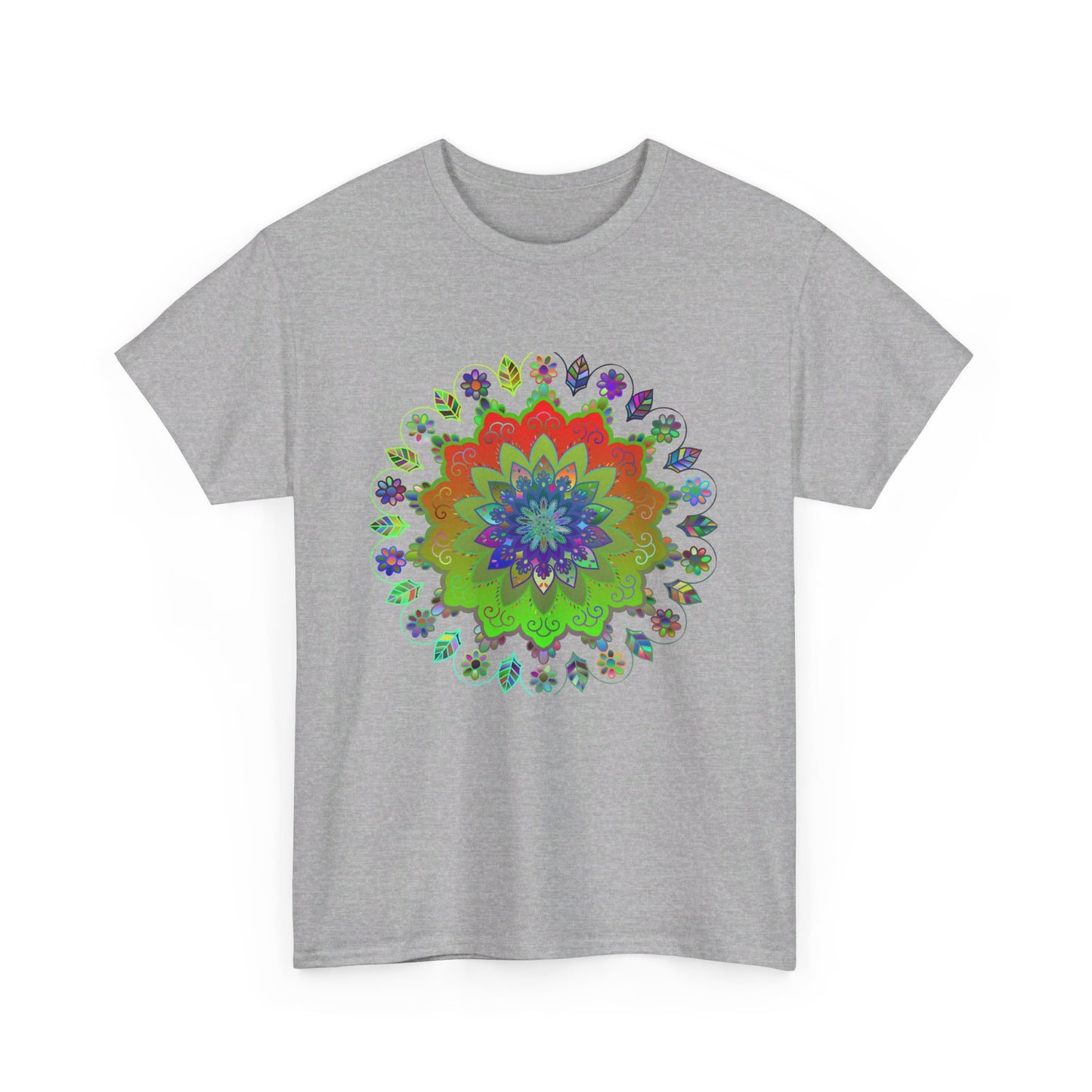 A vibrant and intricate mandala design on a T-shirt promoting mindfulness and yoga, made with heavy cotton for both men and women