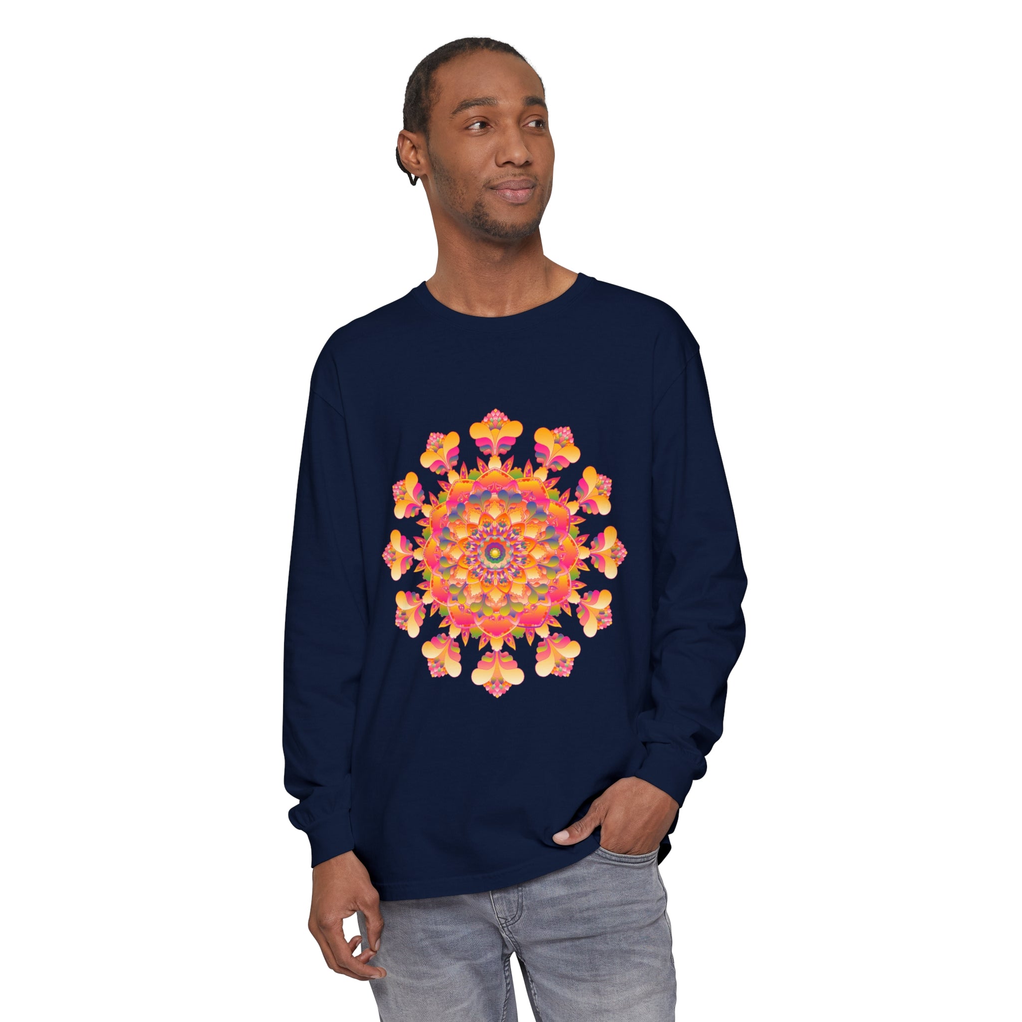 Colorful and intricate mandala design long sleeve t-shirt, suitable for both men and women, perfect for adding vibrancy to any outfit