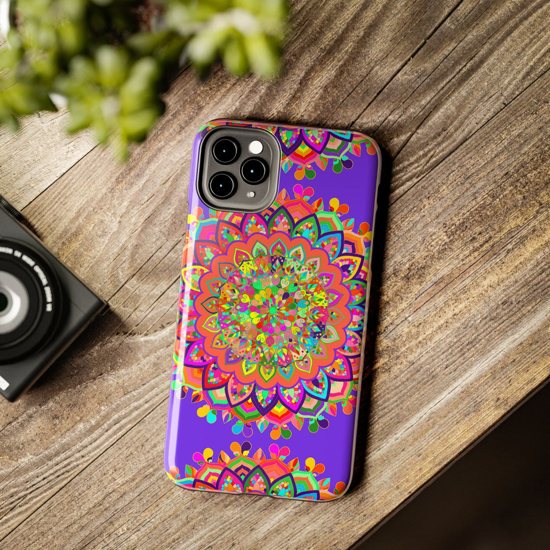 Hand drawn purple Mandala Art phone case with intricate floral design