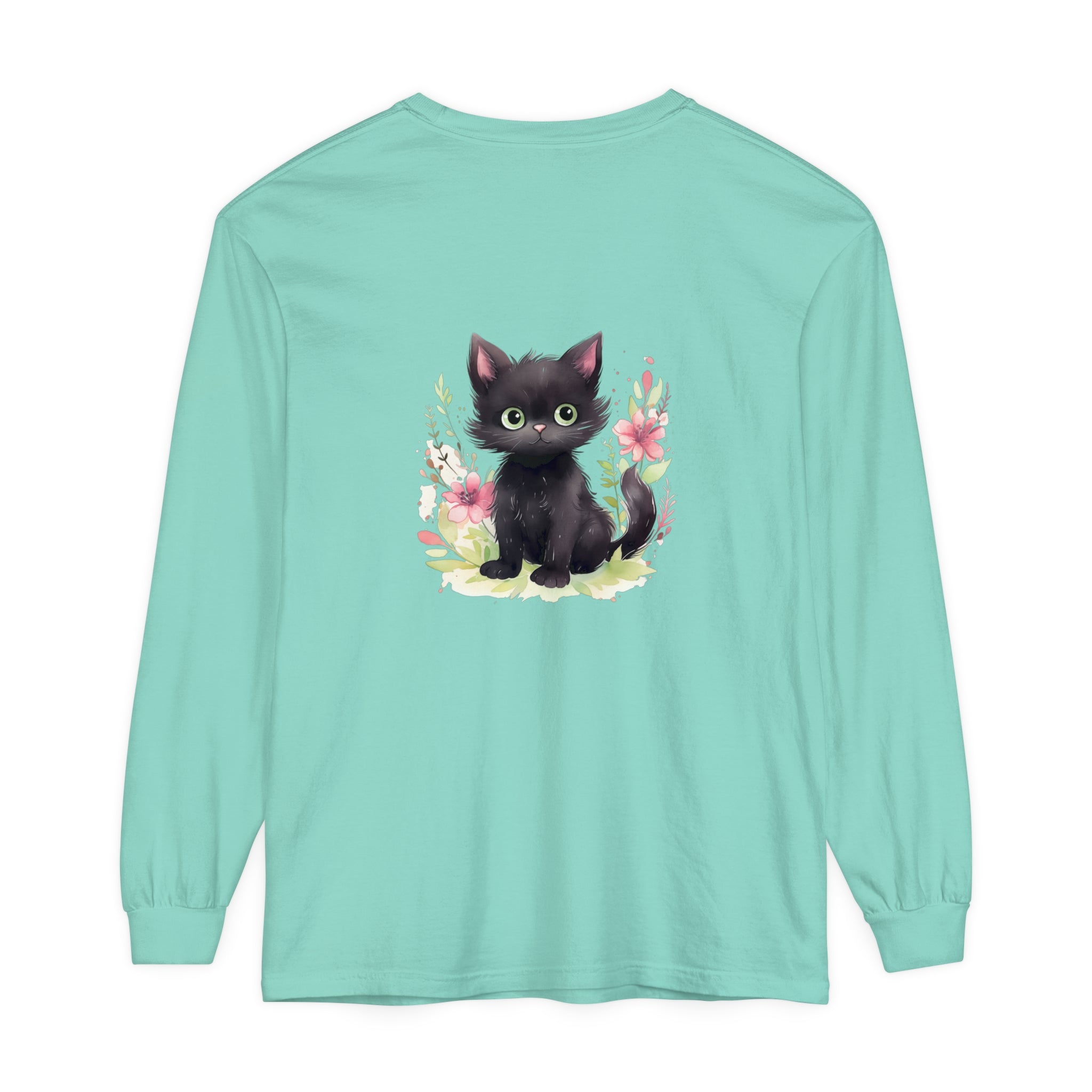 A cute and playful kitten surrounded by colorful floral watercolor designs on a t-shirt