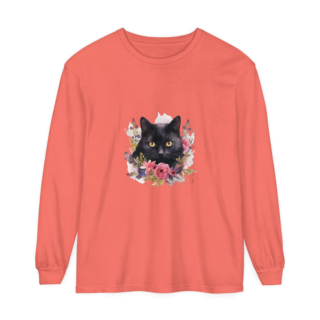 Beautiful long sleeve t-shirt featuring a watercolor black cat and floral design