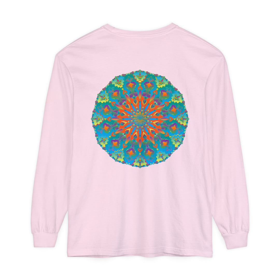 Colorful long sleeve t-shirt with intricate rainbow mandala design