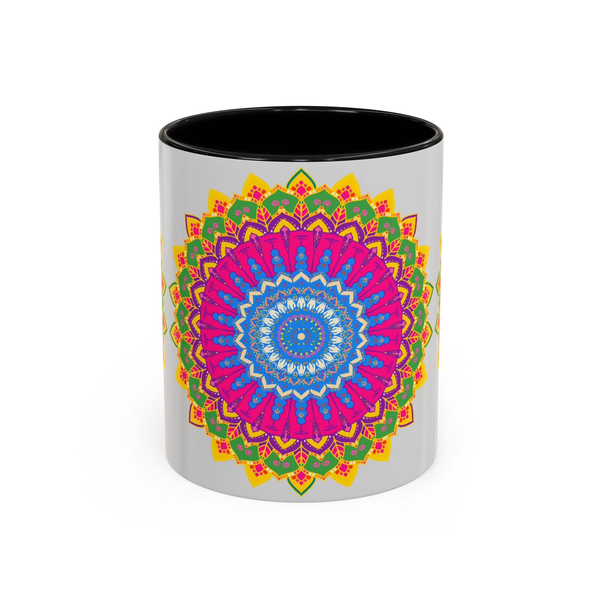 A vibrant and intricate mandala art mug featuring a colorful geometric design