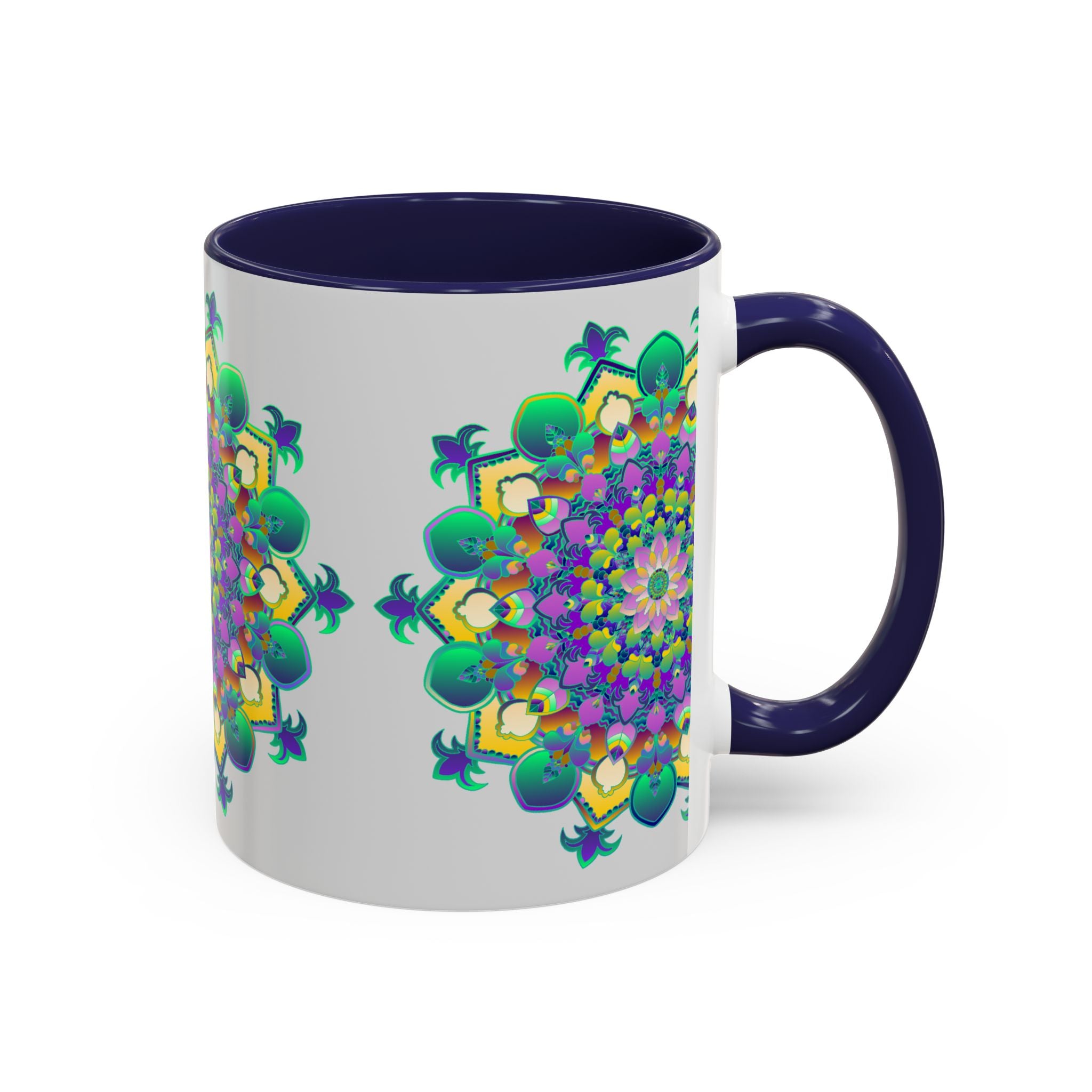 Vibrant mandala art printed on a light grey ceramic coffee mug