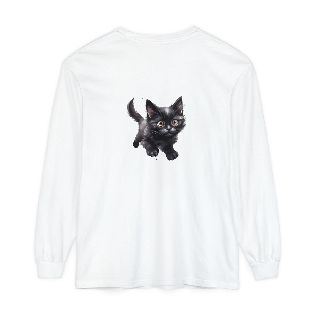 A watercolor illustration of a playful kitten printed on a t-shirt