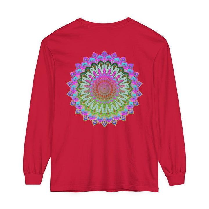 Colorful mandala design featuring intricate patterns on unisex long sleeve t-shirt