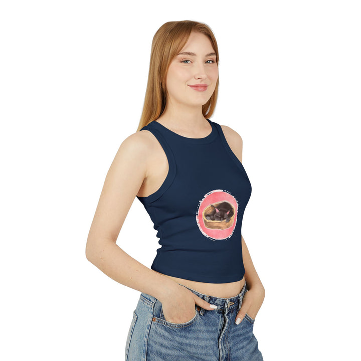 Black racerback tank top with adorable sleeping cat graphic design