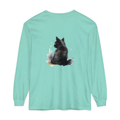 Black Cat Watercolor Dream - Long Sleeve T-Shirt featuring a stunning watercolor design of a black cat resting peacefully on a vibrant background