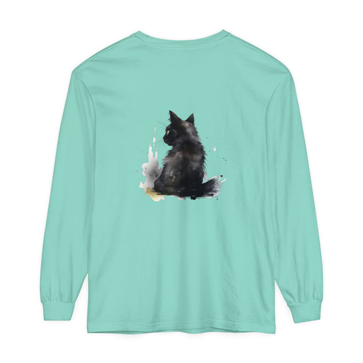 Black Cat Watercolor Dream - Long Sleeve T-Shirt featuring a stunning watercolor design of a black cat resting peacefully on a vibrant background