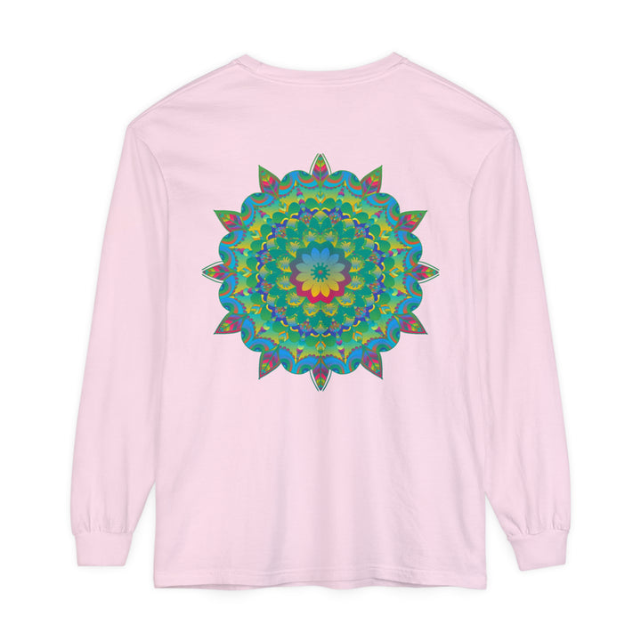 Colorful and intricate psychedelic mandala design on a long sleeve t-shirt