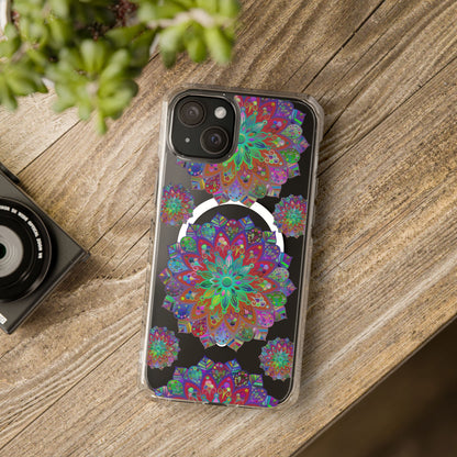 Black impact-resistant iPhone case with elegant mandala design for iPhone 14/15