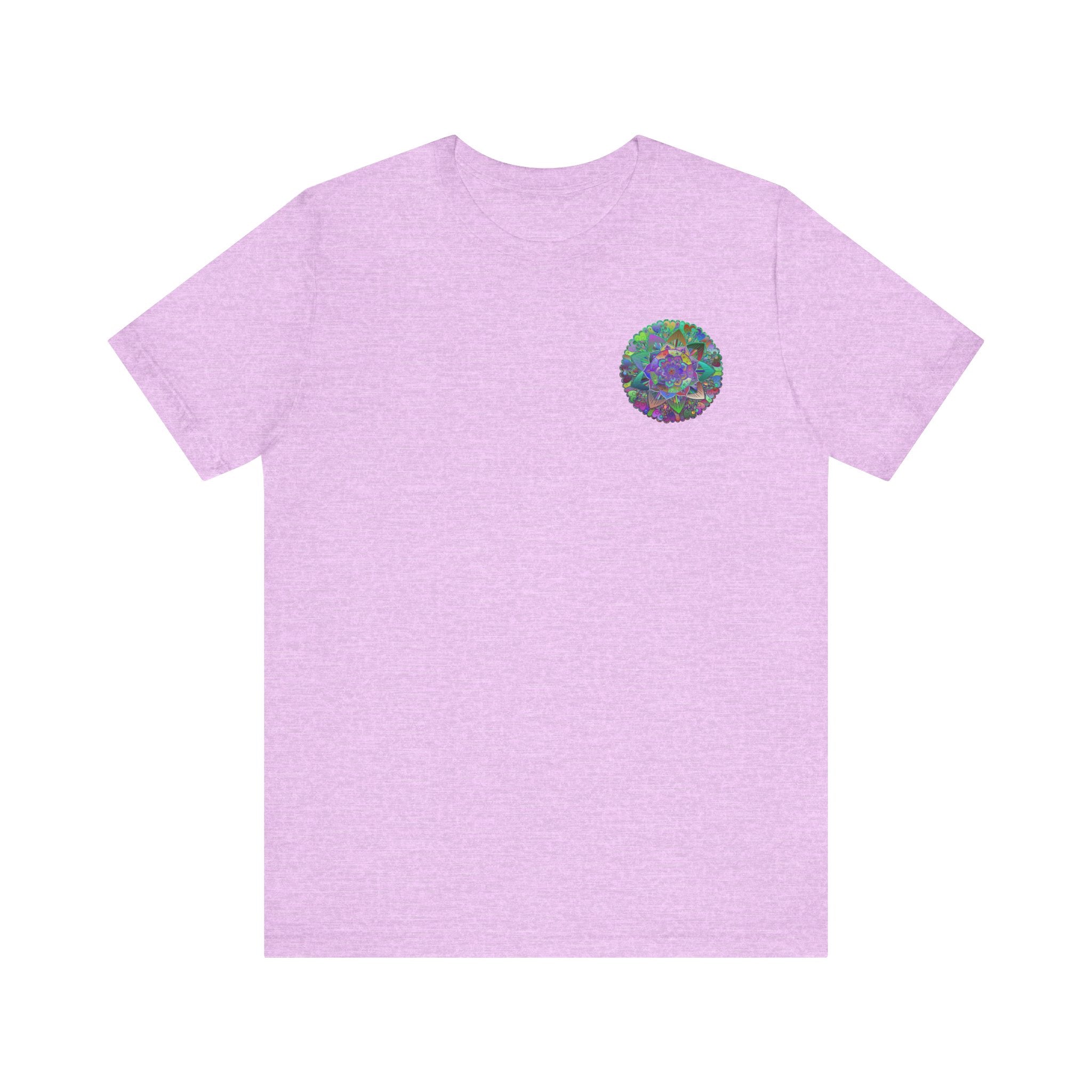 Colorful mandala t-shirt with symbolic spiritual elements and peaceful vibes