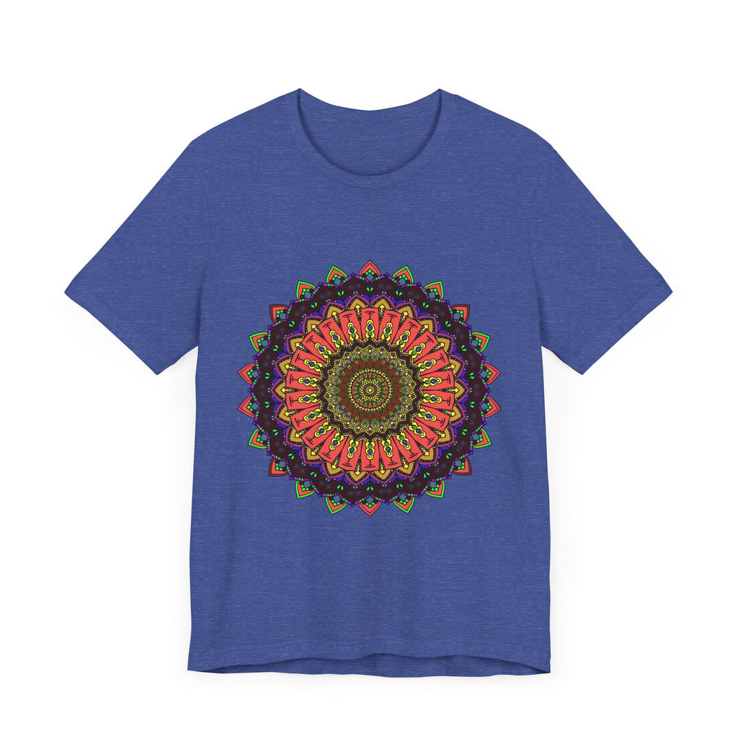 A vibrant and intricately designed mandala tee in various colors on a white background