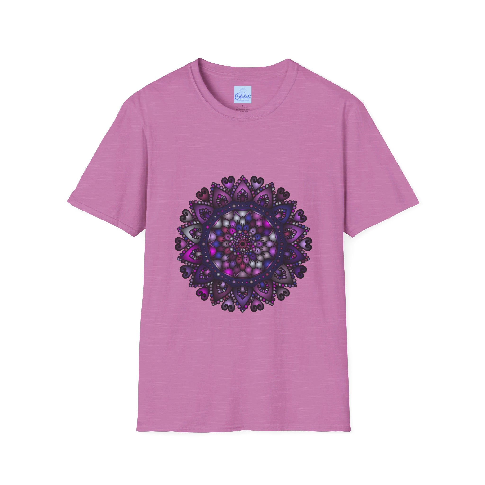 Vibrant purple mandala art unisex softstyle t-shirt featuring a unique hand-drawn design