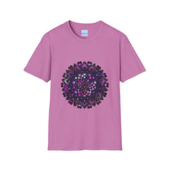 Vibrant purple mandala art unisex softstyle t-shirt featuring a unique hand-drawn design
