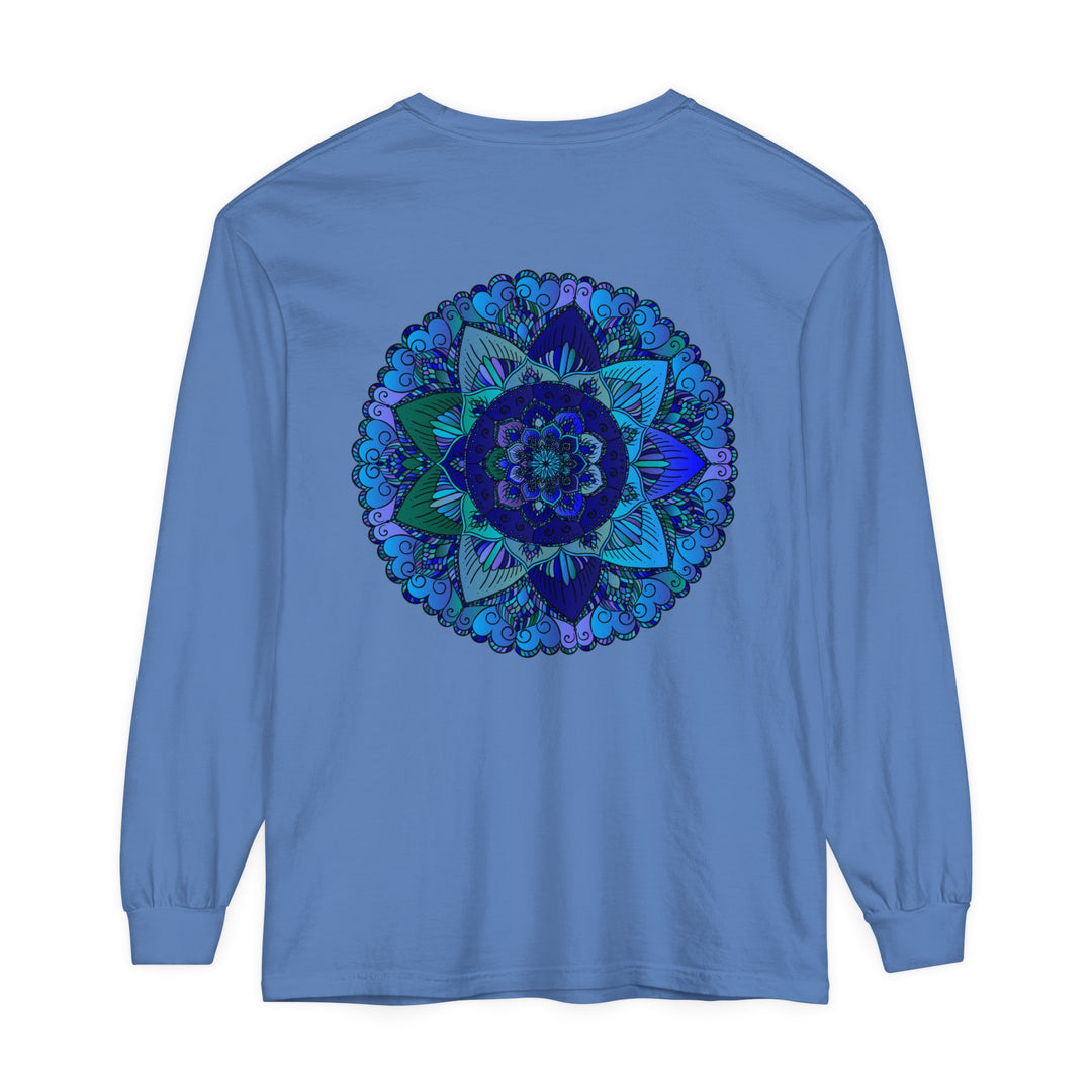 Dark blue and green mandala long sleeve t-shirt with intricate design