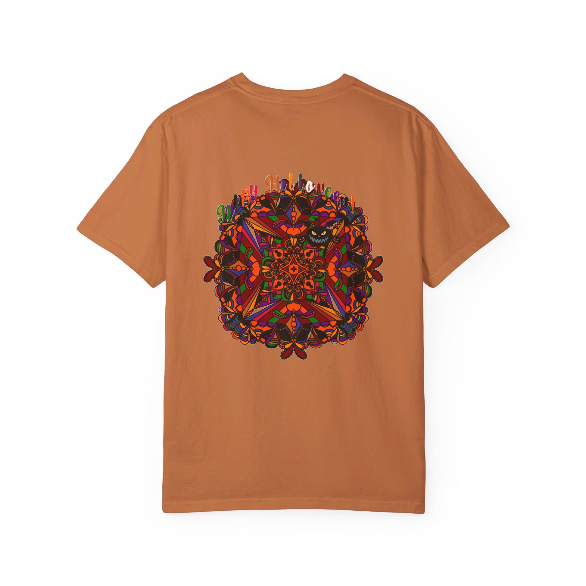 Handmade unisex Halloween Mandala T-shirt featuring pumpkin mandala art on a garment-dyed tee