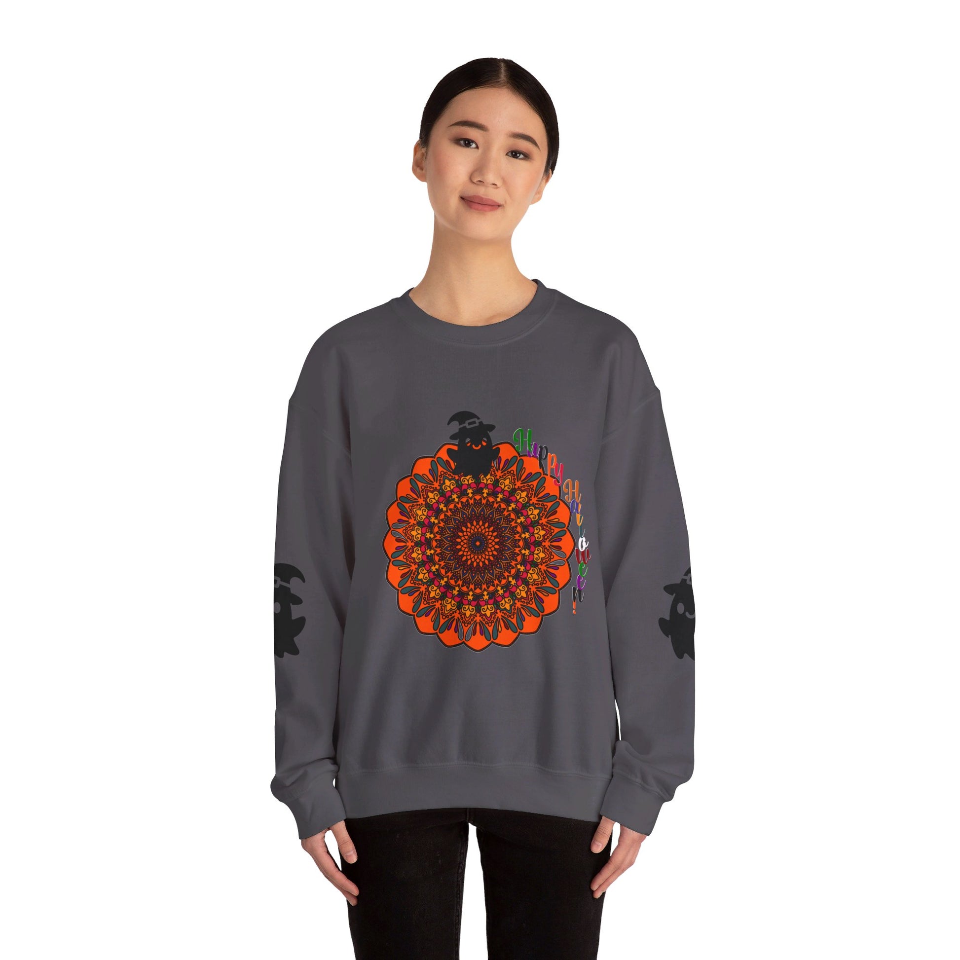 Unisex Heavy Blend™ Crewneck Sweatshirt featuring adorable Halloween ghosts, perfect for festive and spooky fall celebrations