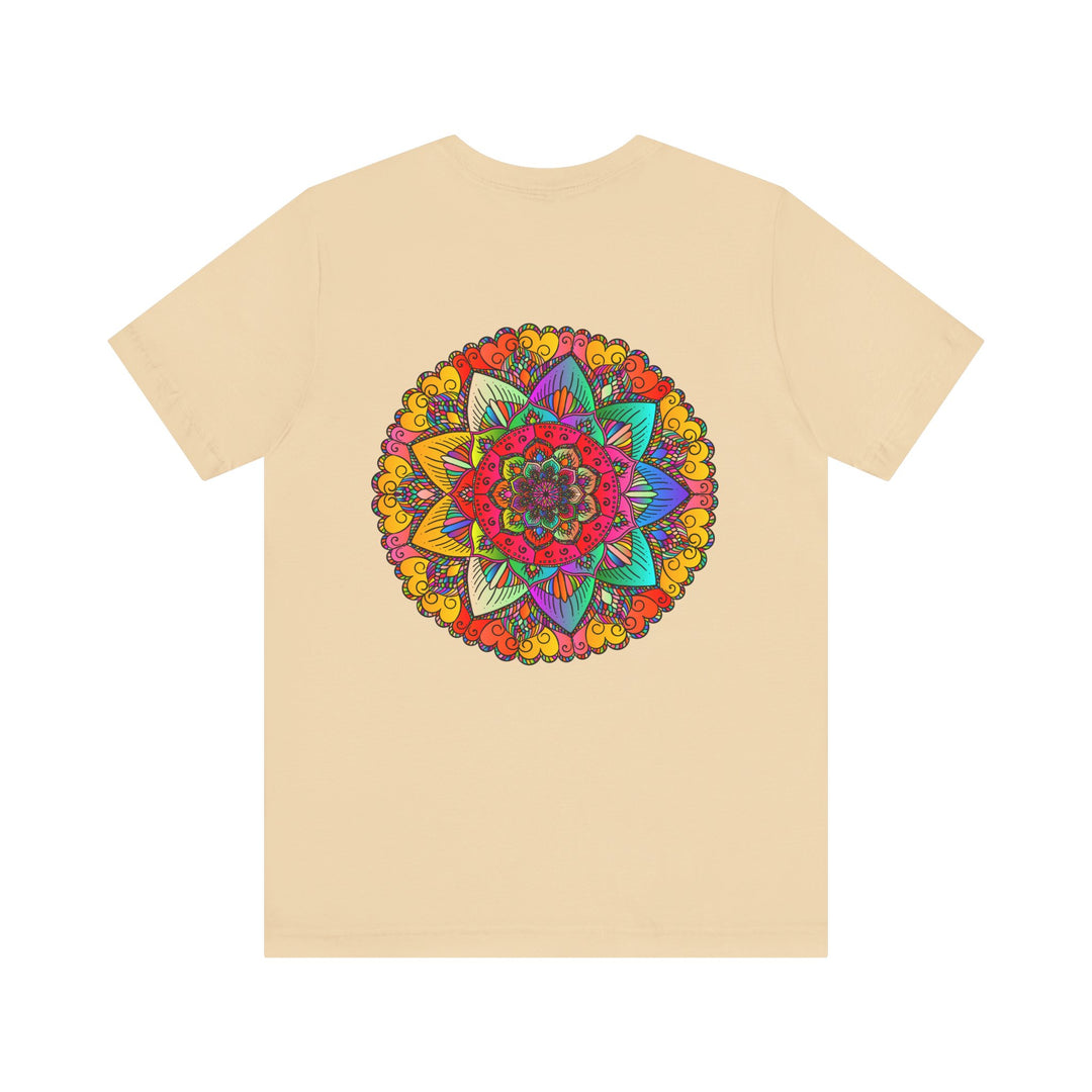 Colorful t-shirt featuring a spiritual mandala design promoting peace and harmony