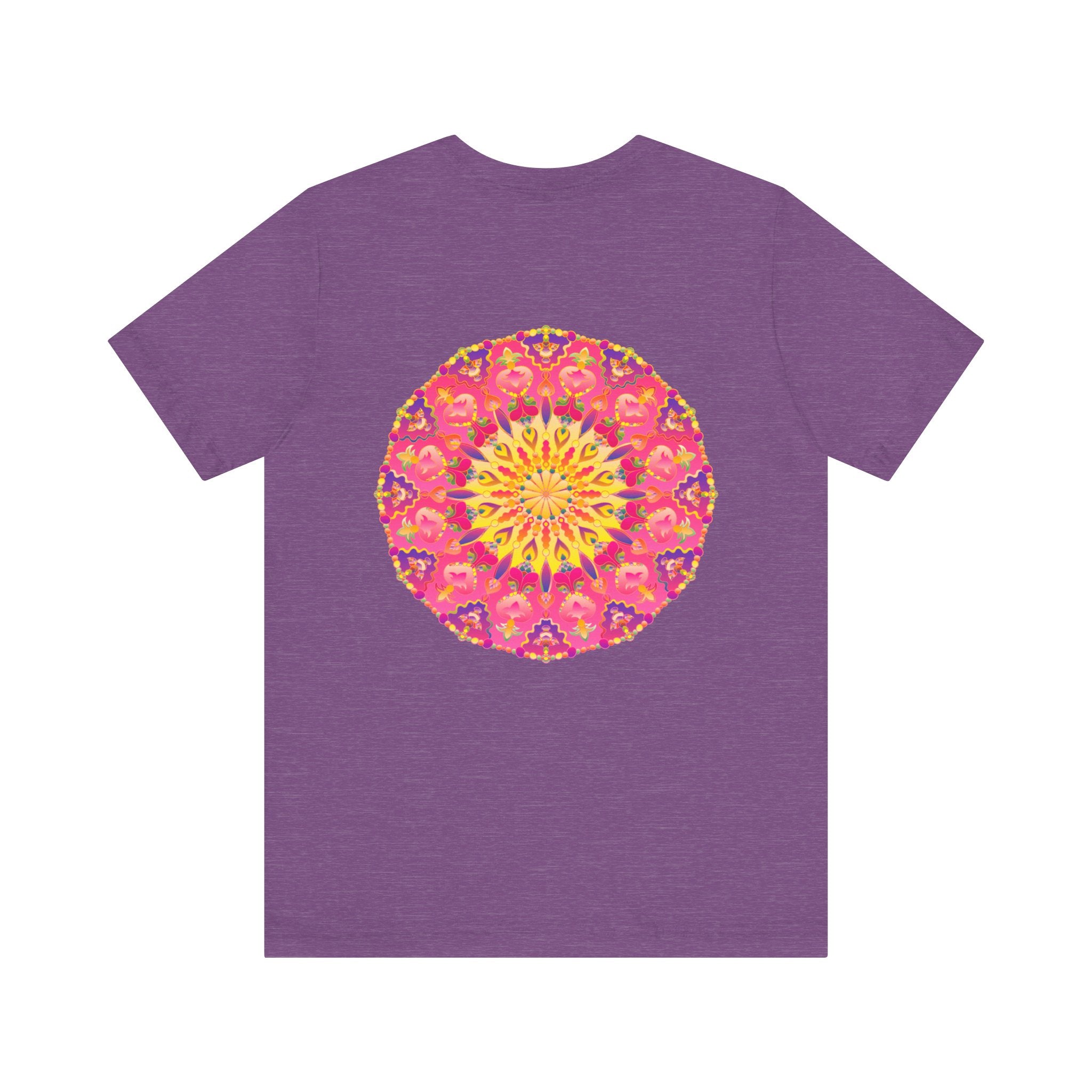 A vibrant and colorful pink and yellow mandala T-shirt featuring a design that represents peace and harmony