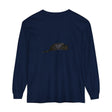 A cozy unisex long sleeve t-shirt featuring a cute black cat sleeping peacefully