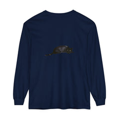 A cozy unisex long sleeve t-shirt featuring a cute black cat sleeping peacefully