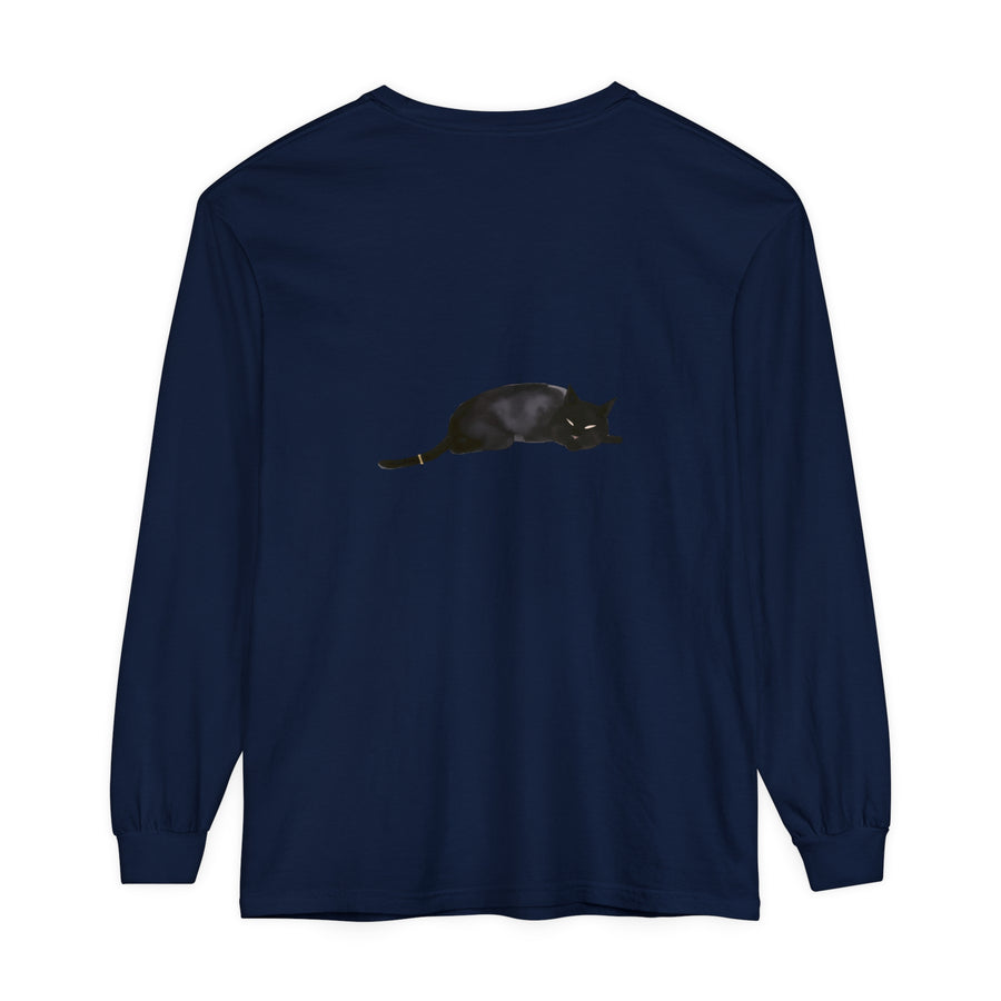 A cozy unisex long sleeve t-shirt featuring a cute black cat sleeping peacefully