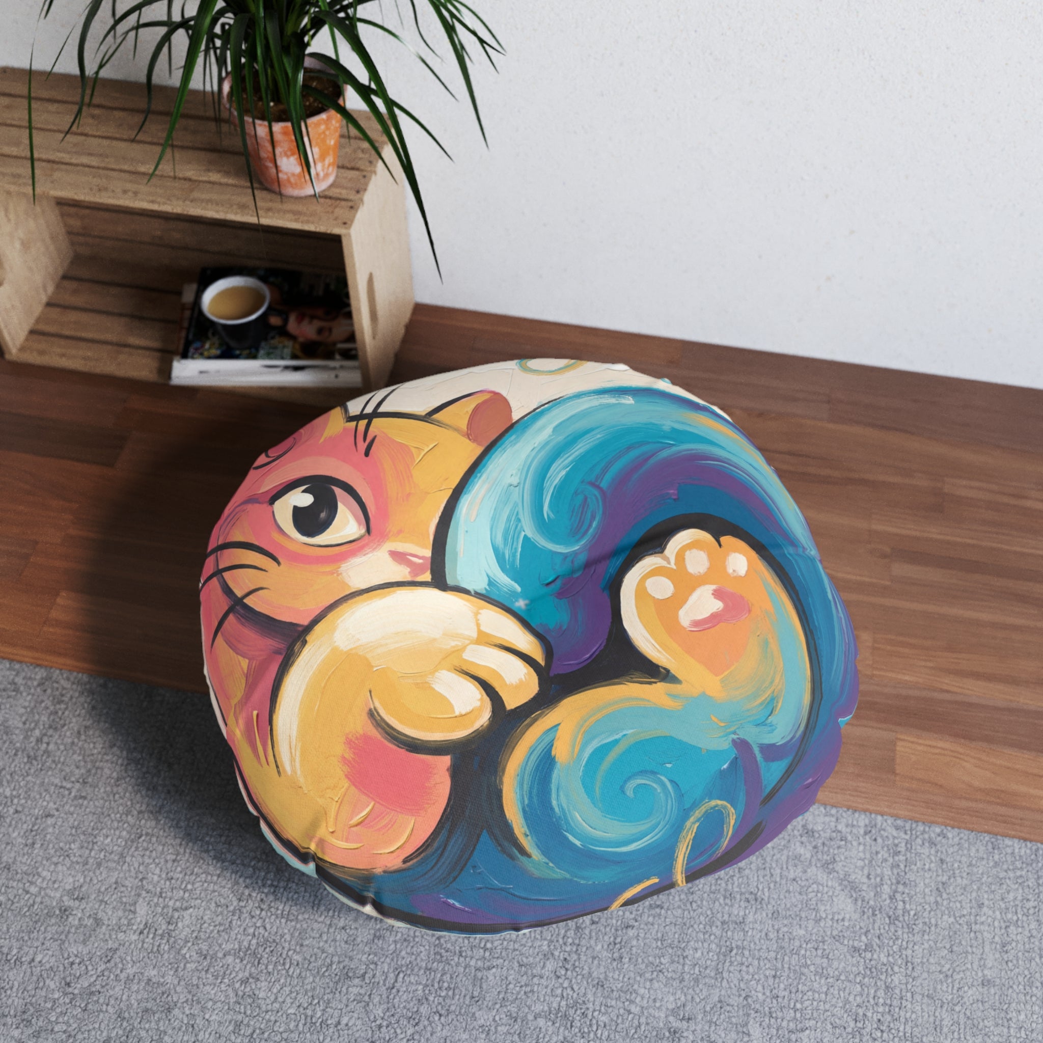 Curled Cat Hug Round Floor Pillow