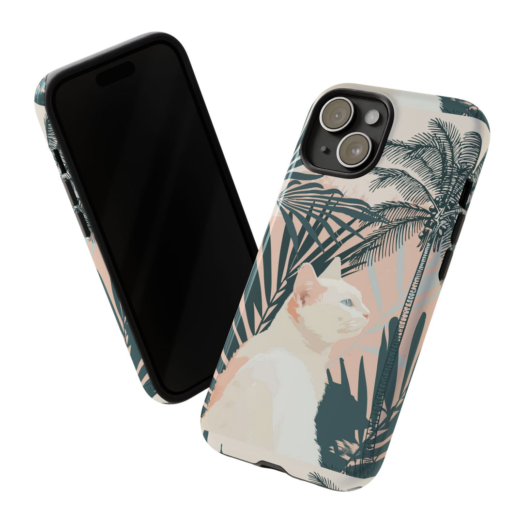 Tropische Katzen-Telefonhülle mit üppigen Palmenmotiven und sanften Pastelltönen