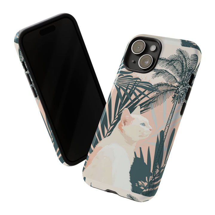 Tropische Katzen-Telefonhülle mit üppigen Palmenmotiven und sanften Pastelltönen