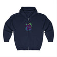 A cozy black hoodie featuring a watercolor design of a mystical black cat