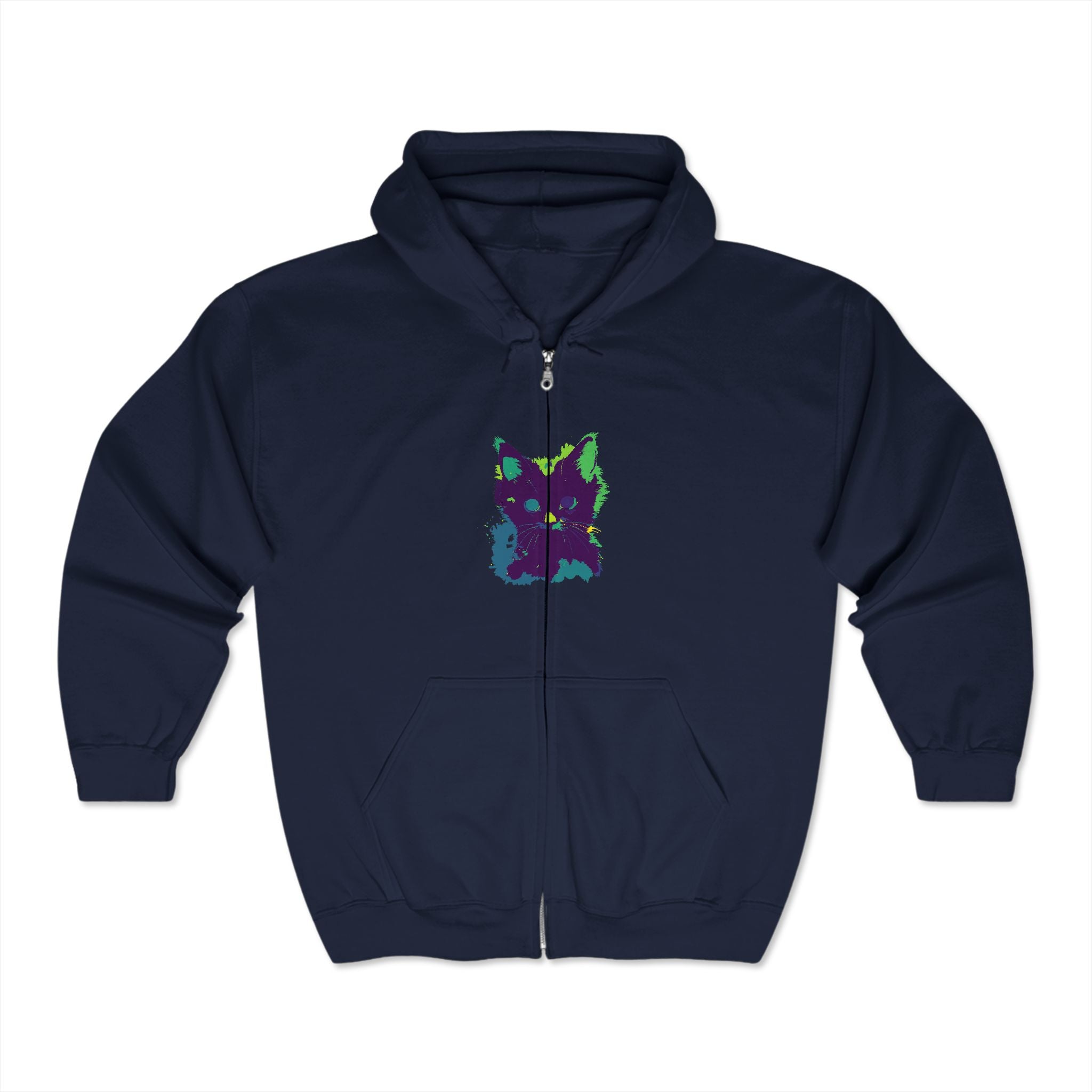 A cozy black hoodie featuring a watercolor design of a mystical black cat