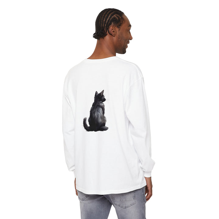 Black Cat Mystery unisex long sleeve tee, featuring a mysterious black cat design