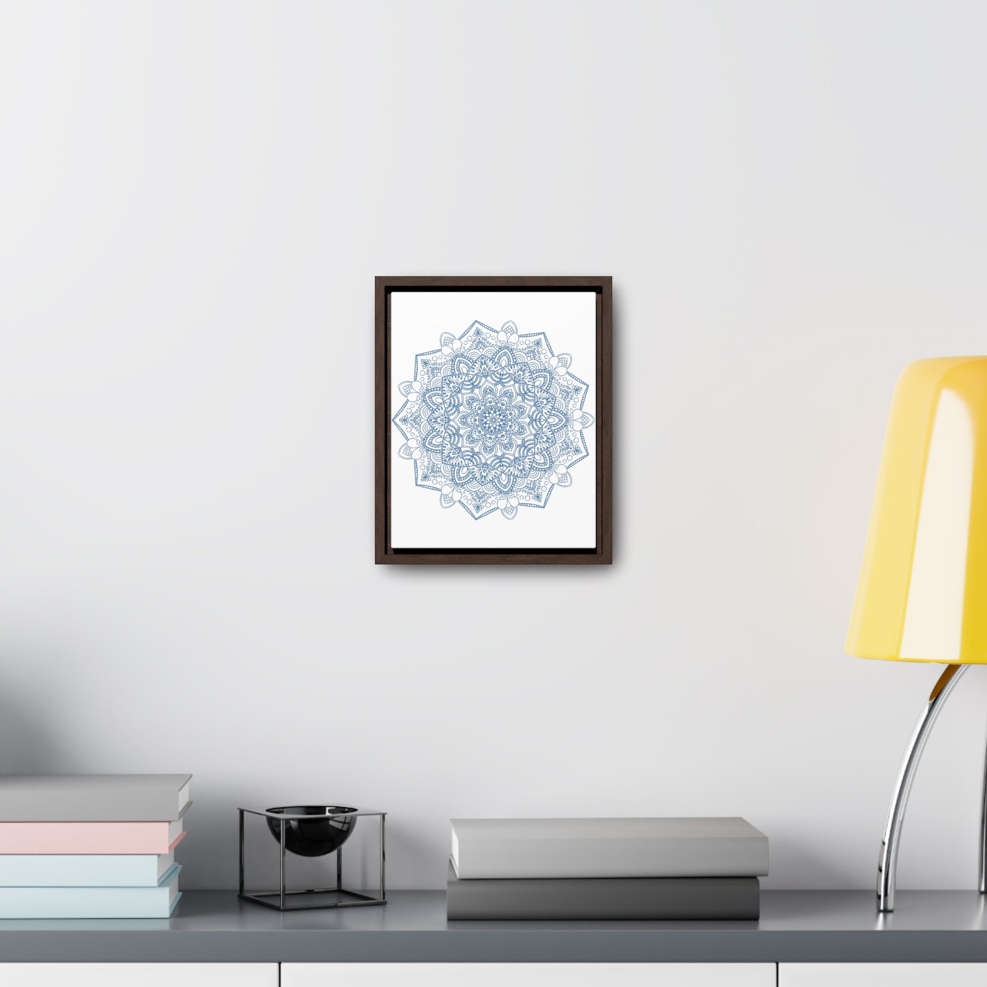 Beautiful handmade steel blue Mandala design wall art on gallery canvas wraps in a vertical frame