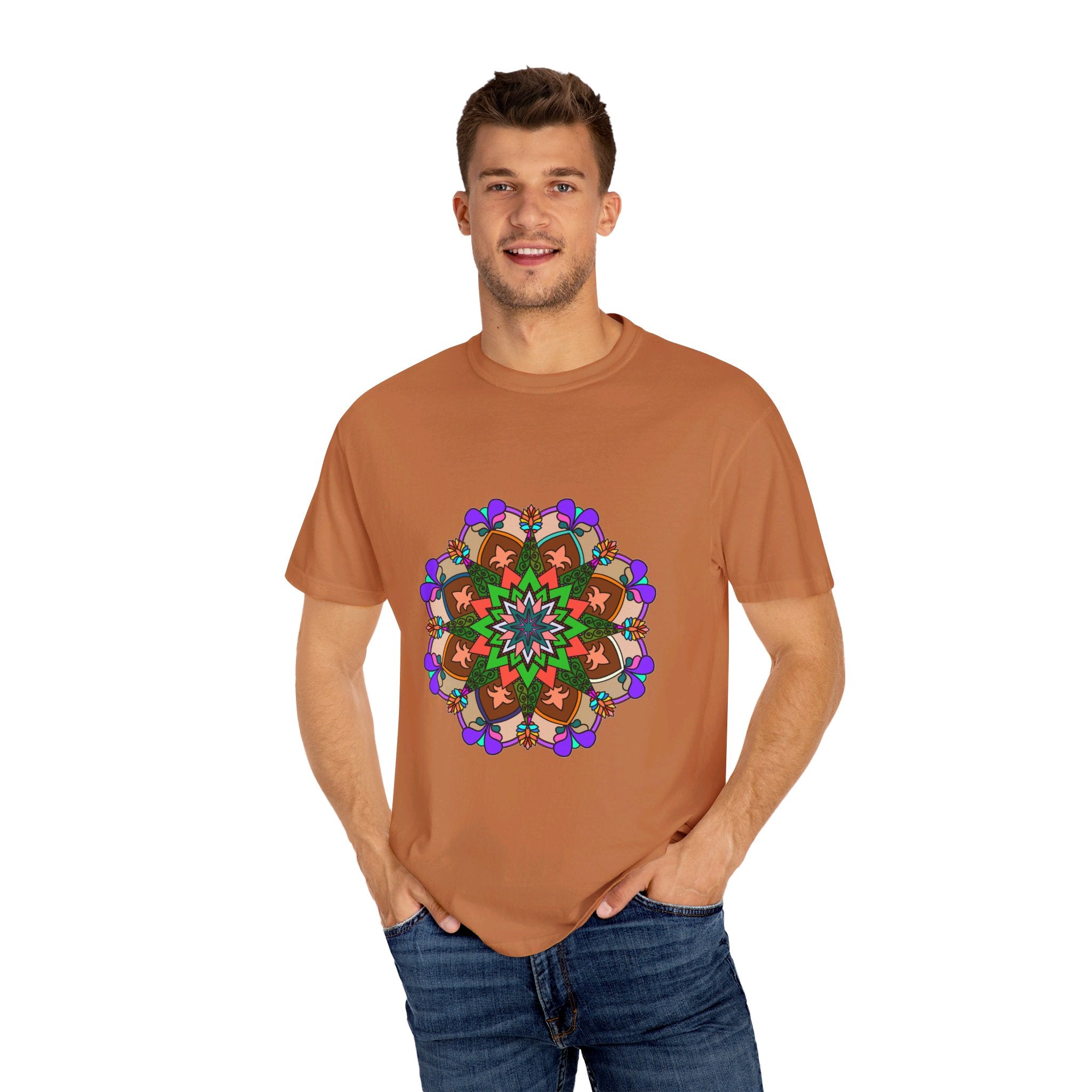 Unisex Mandala T-Shirt featuring hand-drawn mandala art, made with 100% ring-spun cotton and garment-dyed for extra comfort