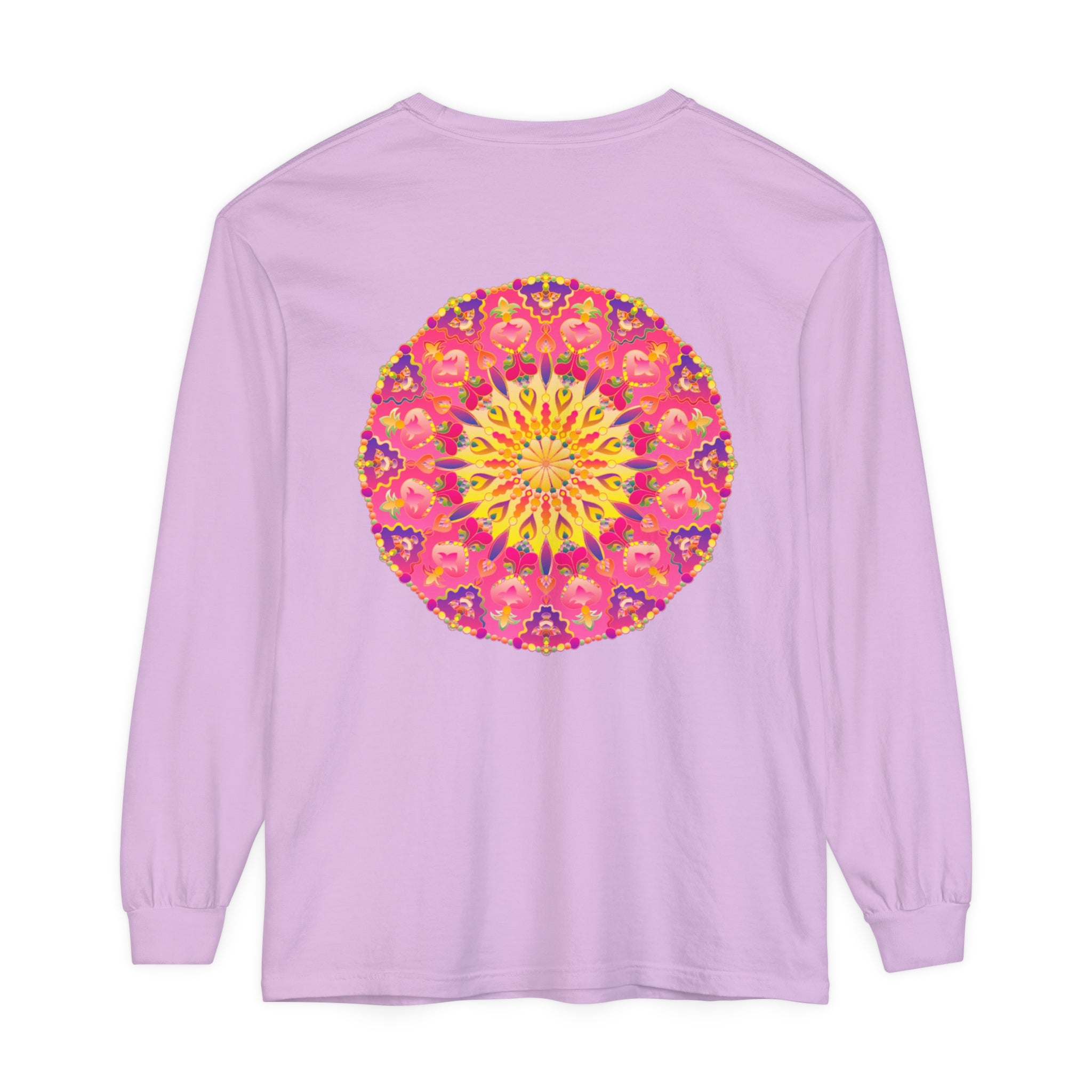 Colorful and intricate mandala design on a unisex long sleeve t-shirt